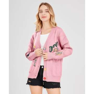 Women's Cable Knit Long Sleeve Open Front Cardigan Sheep V-Neck Button Down Embroidery Wool Blend Sweater Coat Outwear (2XL,Pink)