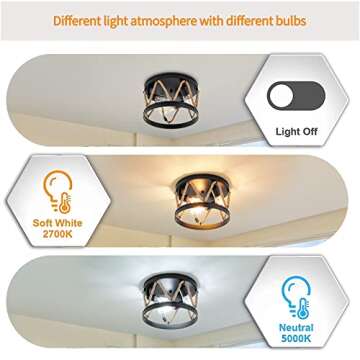 Industrial Flush Mount Ceiling Light,3-Light Farmhouse Ceiling Light Fixture with Rope Shade,Rustic ...