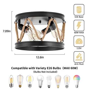 Industrial Flush Mount Ceiling Light,3-Light Farmhouse Ceiling Light Fixture with Rope Shade,Rustic Vintage Light Fixtures Black Metal Round Ceiling Lamp for Dining Room Hallway Foyer Bedroom Entryway