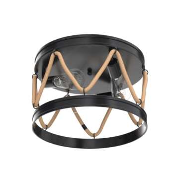 Industrial Flush Mount Ceiling Light,3-Light Farmhouse Ceiling Light Fixture with Rope Shade,Rustic Vintage Light Fixtures Black Metal Round Ceiling Lamp for Dining Room Hallway Foyer Bedroom Entryway