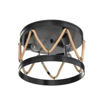 Industrial Flush Mount Ceiling Light,3-Light Farmhouse Ceiling Light Fixture with Rope Shade,Rustic Vintage Light Fixtures Black Metal Round Ceiling Lamp for Dining Room Hallway Foyer Bedroom Entryway