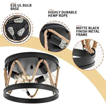 Industrial Flush Mount Ceiling Light,3-Light Farmhouse Ceiling Light Fixture with Rope Shade,Rustic Vintage Light Fixtures Black Metal Round Ceiling Lamp for Dining Room Hallway Foyer Bedroom Entryway