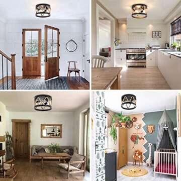 Industrial Flush Mount Ceiling Light,3-Light Farmhouse Ceiling Light Fixture with Rope Shade,Rustic Vintage Light Fixtures Black Metal Round Ceiling Lamp for Dining Room Hallway Foyer Bedroom Entryway