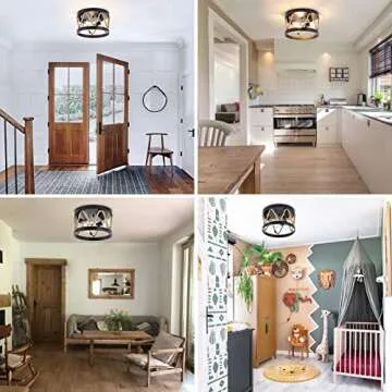 Industrial Flush Mount Ceiling Light,3-Light Farmhouse Ceiling Light Fixture with Rope Shade,Rustic Vintage Light Fixtures Black Metal Round Ceiling Lamp for Dining Room Hallway Foyer Bedroom Entryway