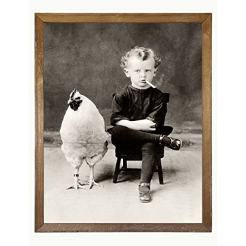 Vintage Weird Boy with Chicken Poster - Retro Funny Photo Picture for Bathroom Kitchen Home Office -...