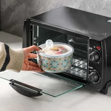 Chubacoo Ceramic Bowls Set with Lid: Microwave Safe Soup Containers for Meal Prep, Cereal, Salad, Picnic, Camping, Office Lunch, Kitchen Food Storage - 5 Inch, 20 oz, 4 PCS, Design D