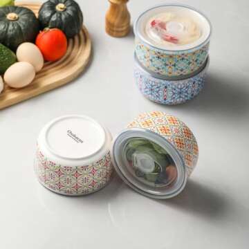 Chubacoo Ceramic Bowls Set with Lid: Microwave Safe Soup Containers for Meal Prep, Cereal, Salad, Picnic, Camping, Office Lunch, Kitchen Food Storage - 5 Inch, 20 oz, 4 PCS, Design D