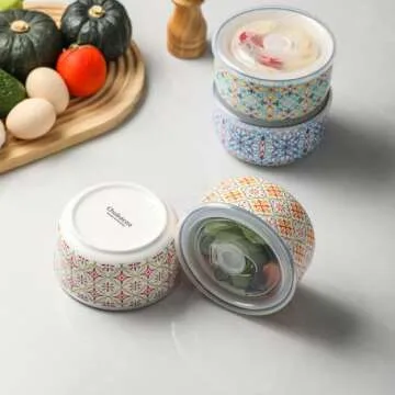 Chubacoo Ceramic Bowls Set with Lid: Microwave Safe Soup Containers for Meal Prep, Cereal, Salad, Picnic, Camping, Office Lunch, Kitchen Food Storage - 5 Inch, 20 oz, 4 PCS, Design D