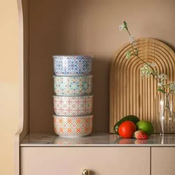 Chubacoo Ceramic Bowls Set with Lid: Microwave Safe Soup Containers for Meal Prep, Cereal, Salad, Picnic, Camping, Office Lunch, Kitchen Food Storage - 5 Inch, 20 oz, 4 PCS, Design D