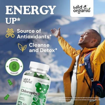 Wild & Organic Chlorophyll Gummies 50mg - Detox Cleanse Supplements w/Sodium Copper Chlorophyllin - Internal Deodorant w/Chlorophyll Powder - Vegan, Non-GMO - 60 Herbal Chews