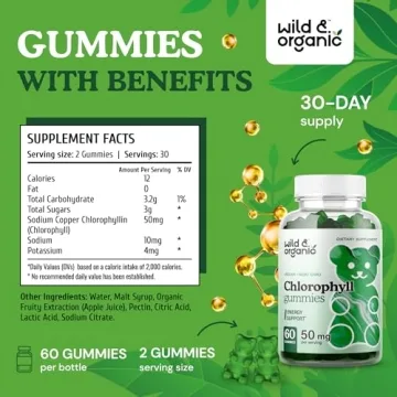 Wild & Organic Chlorophyll Gummies 50mg - Detox Cleanse Supplements w/Sodium Copper Chlorophyllin - Internal Deodorant w/Chlorophyll Powder - Vegan, Non-GMO - 60 Herbal Chews