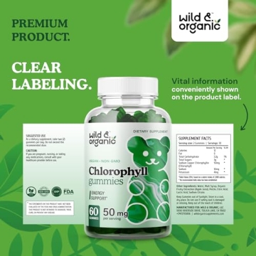 Wild & Organic Chlorophyll Gummies 50mg - Detox Cleanse Supplements w/Sodium Copper Chlorophyllin - Internal Deodorant w/Chlorophyll Powder - Vegan, Non-GMO - 60 Herbal Chews