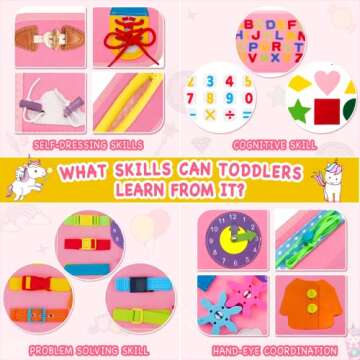 HONGDDY Busy Board, 20 in 1 Montessori Toys for Toddler, Sensory Board with Extra DIY Page for Learning Fine Motor Skills and Travel, Preschool Educational Learning Toys Gift for Girls