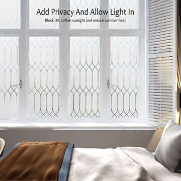 Privacy Window Film Decoration, Heat Control Window Tint for Home, Static Cling Glass Door Coverings Window Sticker Removable Non-Adhesive UV Blocking, Frosted Film w/Clear Morocco Lines, 17.7"x78.7"