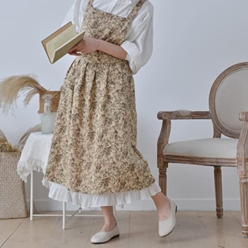 TALIBSA Cotton Linen Cross Back Apron Dress with Pockets