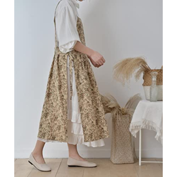 TALIBSA Cotton Linen Cross Back Apron Dress with Pockets