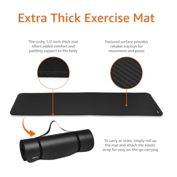 Amazon Basics 1/2 Inch Extra Thick Exercise Yoga Mat with Carrying Strap, Black