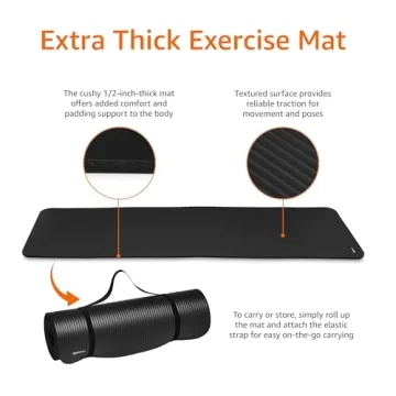 Amazon Basics 1/2 Inch Extra Thick Exercise Yoga Mat with Carrying Strap, Black