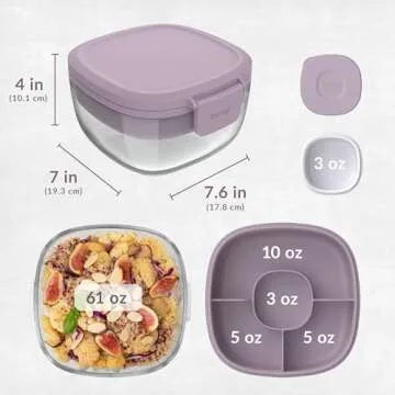 Bentgo Glass All-in-One Salad Container - Large 61-oz Salad Bowl with Lid, 4-Compartment Bento-Style Tray, 3-oz Sauce Container, and Reusable Fork - Dishwasher, Microwave, and Oven Safe (Lavender)