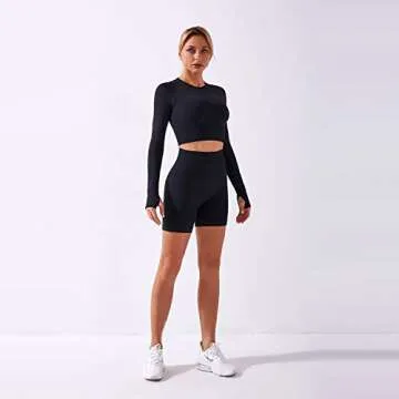 IMEKIS Women's Seamless Yoga Outfits Two Pieces Workout Long Sleeve Crop Top Sports Bra + High Waisted Running Shorts Sets Biker Activewear Athletic Fitness Gym Sexy Active Tracksuit Z - Black Small