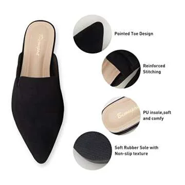 BISON SPIRIT Mules for Women Flats Pointed Toe Slip On Slides Loafer Shoes (Black Suede,7)