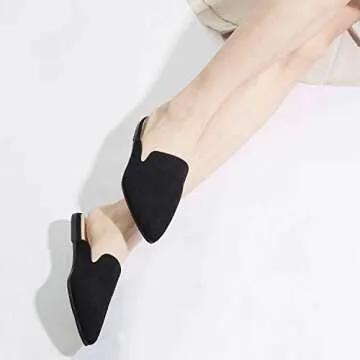 BISON SPIRIT Mules for Women Flats Pointed Toe Slip On Slides Loafer Shoes (Black Suede,7)