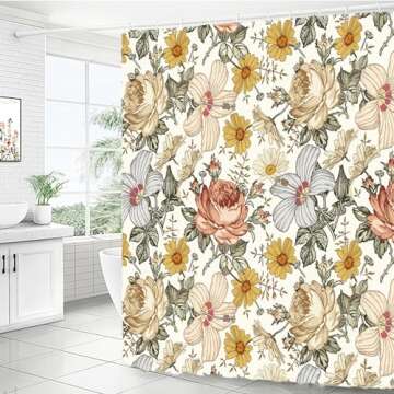 LUANTIANPAI Floral Shower Curtain for Bathroom Vintage Yellow Flower 150GSM Shower Curtains Country ...