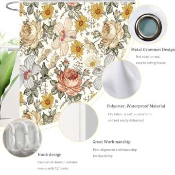LUANTIANPAI Floral Shower Curtain for Bathroom Vintage Yellow Flower 150GSM Shower Curtains Country Bright Waterproof Fabric Bathroom Curtain with Hooks Modern Aesthetic, 72"×72"