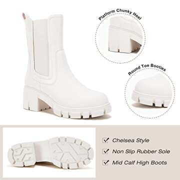 TINSTREE Boots Women Mid Calf, Women's Lug Sole Platform Boots Mid Calf Elastic Chunky Block Heel Leather Chelsea Booties (9, Original White, numeric_9)