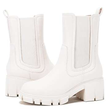 TINSTREE Boots Women Mid Calf, Women's Lug Sole Platform Boots Mid Calf Elastic Chunky Block Heel Leather Chelsea Booties (9, Original White, numeric_9)