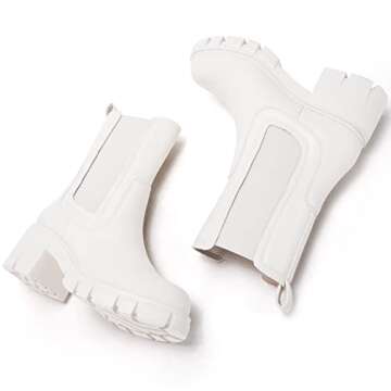 TINSTREE Boots Women Mid Calf, Women's Lug Sole Platform Boots Mid Calf Elastic Chunky Block Heel Leather Chelsea Booties (9, Original White, numeric_9)
