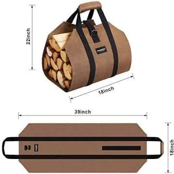 AMAGABELI GARDEN & HOME Fireplace Carrier Waxed Canvas Fire Place Sturdy Wood Carring Bag with Handl...