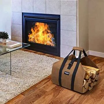 AMAGABELI GARDEN & HOME Fireplace Carrier Waxed Canvas Fire Place Sturdy Wood Carring Bag with Handles Security Strap for Camping Indoor Firewood Logs Tote Log Holder Birchwood Stand