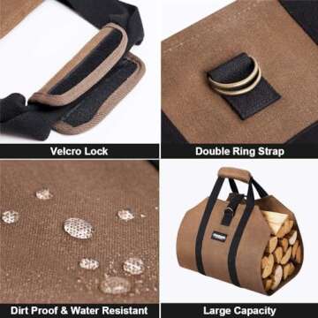 AMAGABELI GARDEN & HOME Fireplace Carrier Waxed Canvas Fire Place Sturdy Wood Carring Bag with Handles Security Strap for Camping Indoor Firewood Logs Tote Log Holder Birchwood Stand