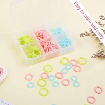 LUNARM 180 Pieces Knit Stitch Markers, Knitting Random Colored Stitch Markers Rings(S/M/L), Crochet Locking Knitting Stitch Counter Needle Clip with Storage Box