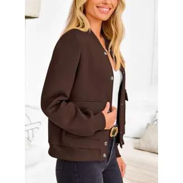 PRETTYGARDEN Women's Bomber Jackets Winter Trendy Varsity Jackets Shackets Button Down Cropped Coats with Pockets (Coffee,Small)