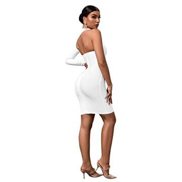 Maketina Womens One Shoulder Backless Long Sleeve Bandage Dresses Club Party Bodycon Dress White L