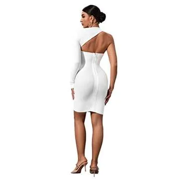 Maketina Womens One Shoulder Backless Long Sleeve Bandage Dresses Club Party Bodycon Dress White L