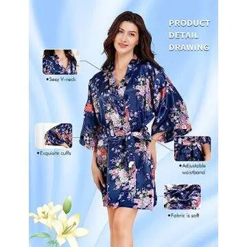 EPLAZA Women Floral Satin Robe Bridal Dressing Gown Wedding Bride Bridesmaid Kimono Sleepwear (Navy, Small-Medium)
