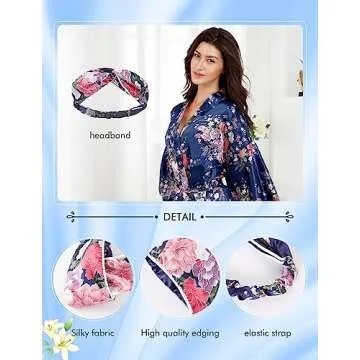 EPLAZA Women Floral Satin Robe Bridal Dressing Gown Wedding Bride Bridesmaid Kimono Sleepwear (Navy, Small-Medium)