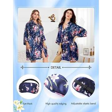 EPLAZA Women Floral Satin Robe Bridal Dressing Gown Wedding Bride Bridesmaid Kimono Sleepwear (Navy, Small-Medium)