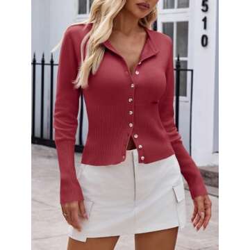 Saodimallsu Womens Slim Fit Cardigan Sweaters Sexy Button Crew Neck Fall Trendy Knit Long Sleeve Soft Open Front Tops Wine Red