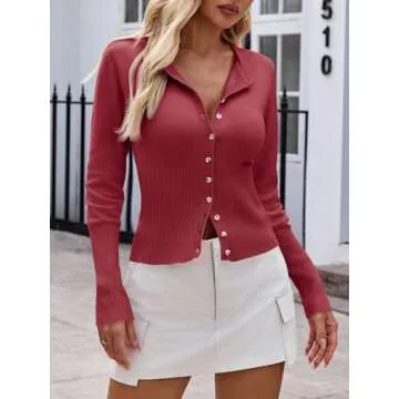Saodimallsu Womens Slim Fit Cardigan Sweaters Sexy Button Crew Neck Fall Trendy Knit Long Sleeve Soft Open Front Tops Wine Red