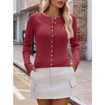 Saodimallsu Womens Slim Fit Cardigan Sweaters Sexy Button Crew Neck Fall Trendy Knit Long Sleeve Soft Open Front Tops Wine Red