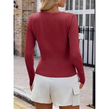 Saodimallsu Womens Slim Fit Cardigan Sweaters Sexy Button Crew Neck Fall Trendy Knit Long Sleeve Soft Open Front Tops Wine Red