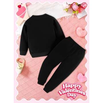 BOMDEALS Cute Toddler Girls Sweatsuit - Valentines Heart Print Child Clothes, Long Sweatshirt and Sweatpants Fall Outfit(Black,90,1203b)