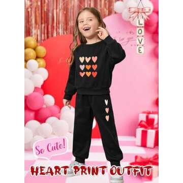 BOMDEALS Cute Toddler Girls Sweatsuit - Valentines Heart Print Child Clothes, Long Sweatshirt and Sweatpants Fall Outfit(Black,90,1203b)