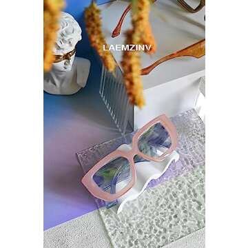 Laemzinv Oversized Square Blue Light Glasses for Women, Large Thick Frame Reading Blocker, Big Reader for Computer Eyewear and Gaming Glasses LA022 (A6 | PINK)