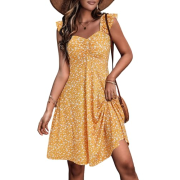 FENSACE Womens Dresses Summer Casual Ruffle Sleeve Yellow Sun Dresses(Yellow Floral,Small)
