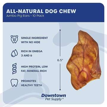 Downtown Pet Supply - Jumbo Pig Ears - Dog Dental Treats & Rawhide-Free Dog Chews - Healthy Coat & Skin Care, Cholesterol & Heart Health Dog Treats - Protein, Vitamins & Minerals - 10 Pack